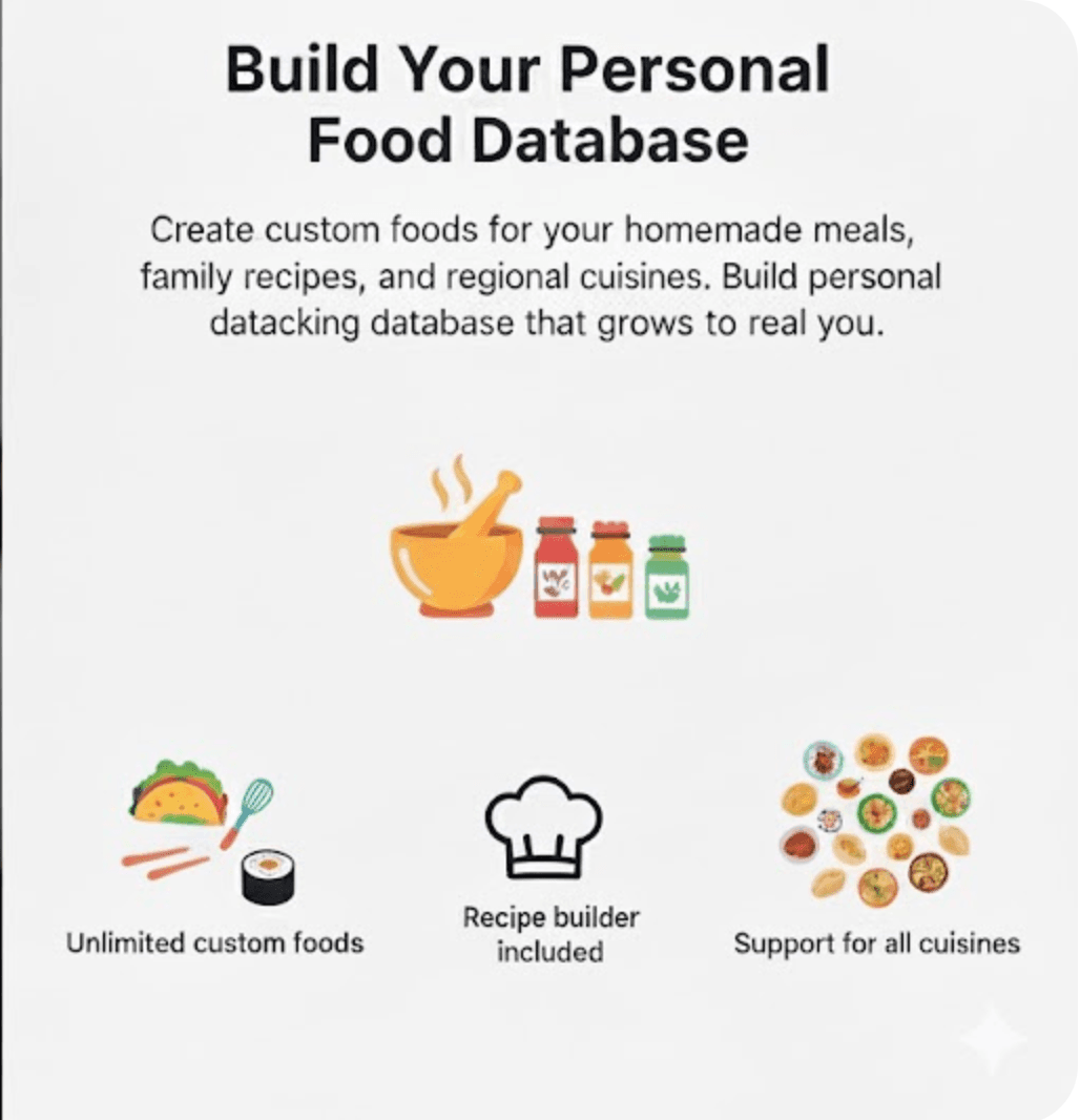 Custom food database with recipes and regional cuisines